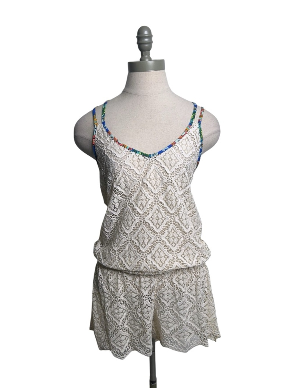 MAAJI Cream Crochet Lace Swim Coverup Romper with Strappy Colorful Trim Medium - Picture 2 of 8